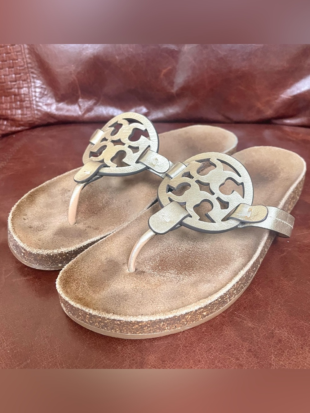 Tory Burch Metallic Silver Logo Cork Wedge Thong Sandals - Picture 9 of 12